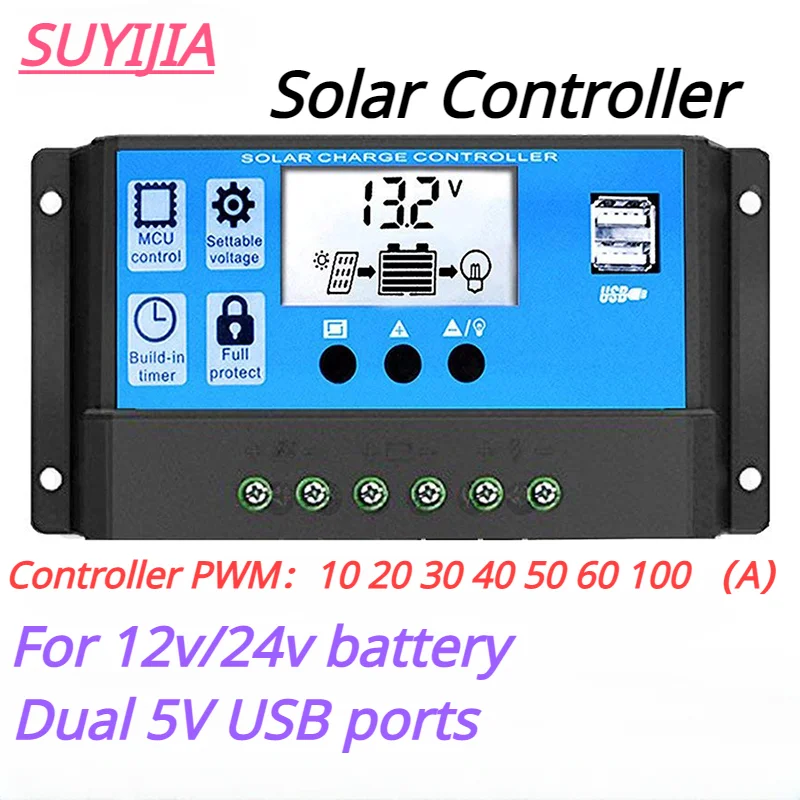 

SUYIJIA PWM 60A 50A 40A 30A 20A 10A Solar Charge Controller 12V/24V Battery Auto MPPT Regulator With Dual USB 5V;LCD Screen