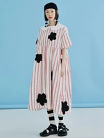 imakokoni original linen color matching vertical stripe navy collar pirnt flowers pink dress for women 2022 summer fashion
