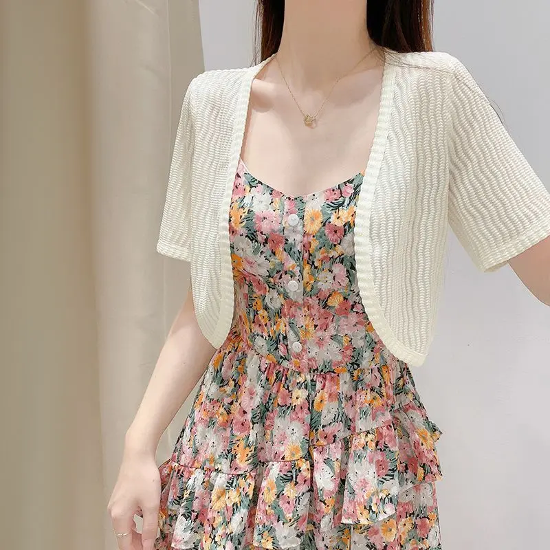 Кардиган с газовым каркасом для женщин завязка коротким рукавом открытым одежда