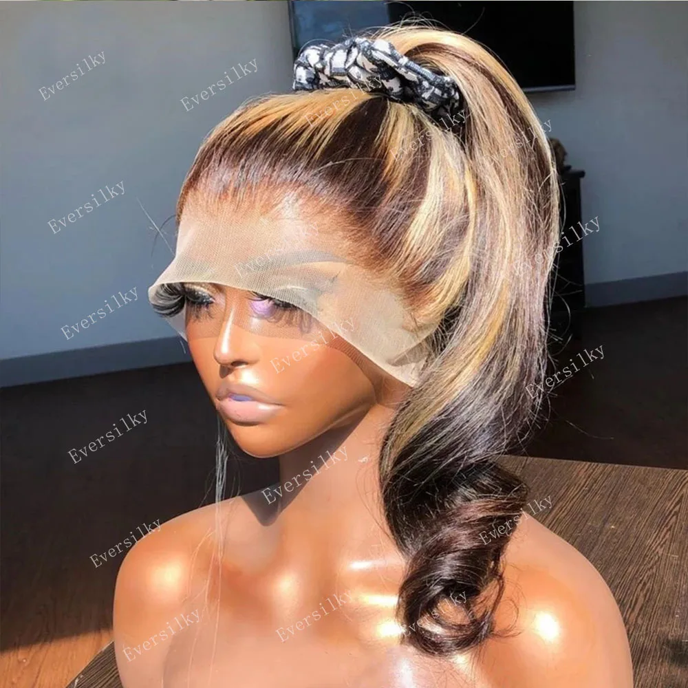 Highlight Honey Golden Blonde Body Wave 13x6 Transparent Lace Front Wig 100% Remy Human Hair 360 HD Lace Wig Ponytail Full Lace
