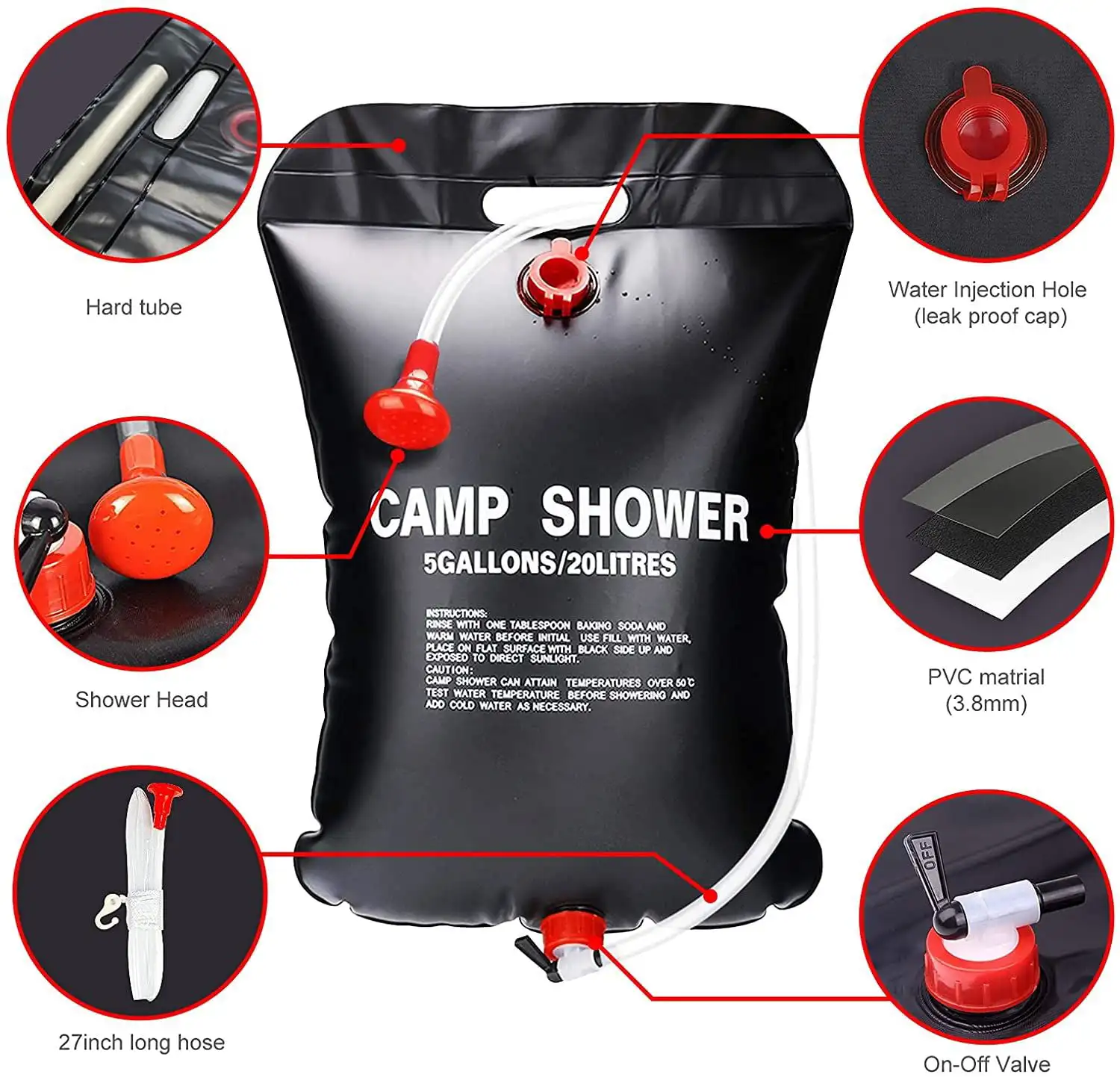 

Camping Portable Solar Shower Bag, 5 Gallons/20L, with On/Off Shower , Camping, Beach Swimming, Outdoor Traveling, Camping Acce