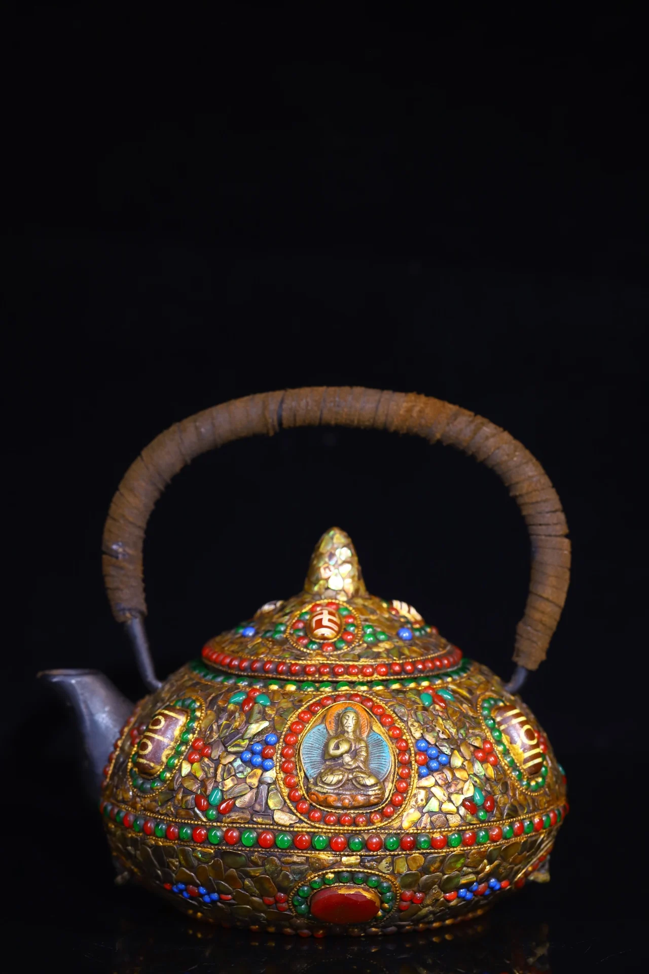 

7"Tibetan Temple Collection Old Tiantie Tibetan silver Mosaic Gem gZi Beads shell Shakyamuni kettle Butter teapot Worship Hall