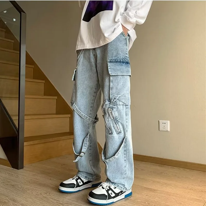 Men's Wear Vintage Hip Hop Loose Bandage Zipper Cargo Pants Versatile Temperament Straight Cylinder Jeans 2022 Winter New Female