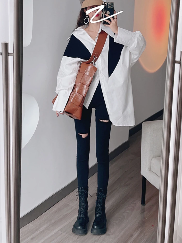 [EAM] Женская блузка белого цвета большого размера новая свободная рубашка с