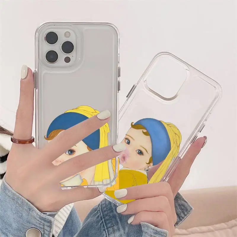 

the pearl earring girl cute Oil Painting Phone Case Transparent soft For iphone 11 13 12 14 x xs xr pro max mini plus