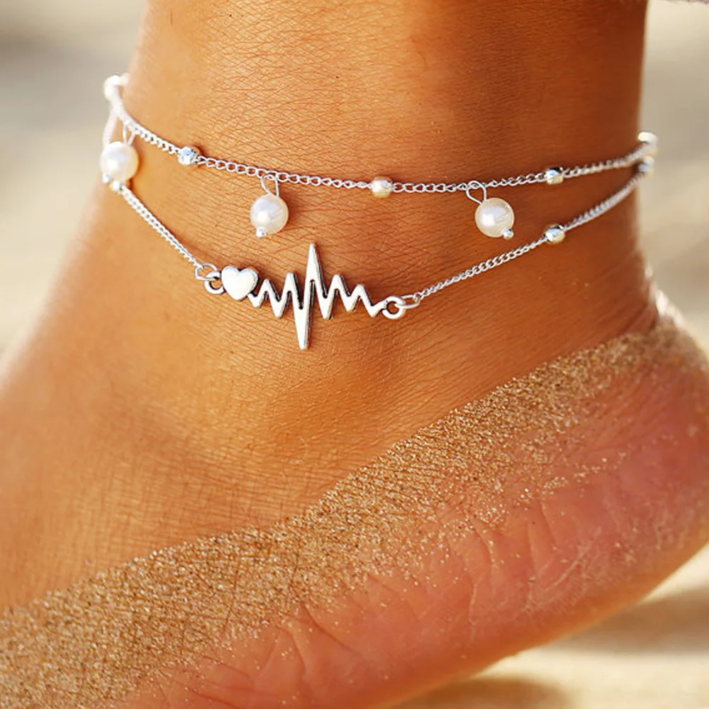 

New Anklet Double Pearl Anklet Ekg Personalized Foot Jewelry Combination Female Set Foot Jewelry Shipping Free Item