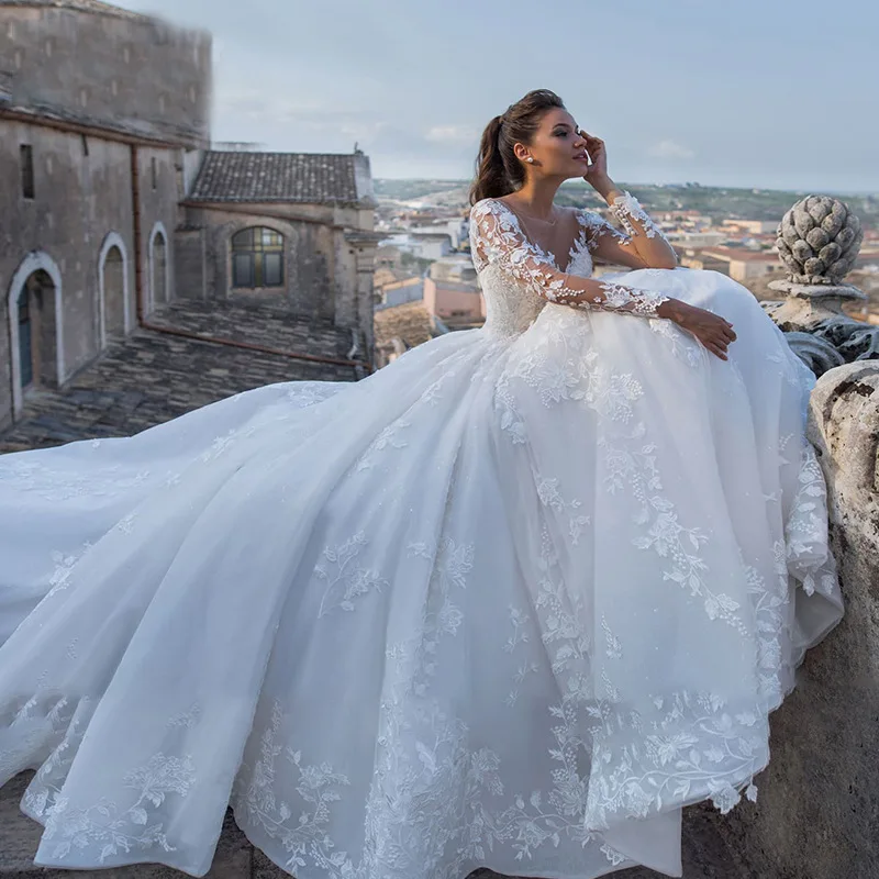 

Fansmile Full Sleeve Vestido De Noiva Vintage Lace Ball Gown Wedding Dresses 2023 Plus Size Bridal Tulle Mariage FSM-261T