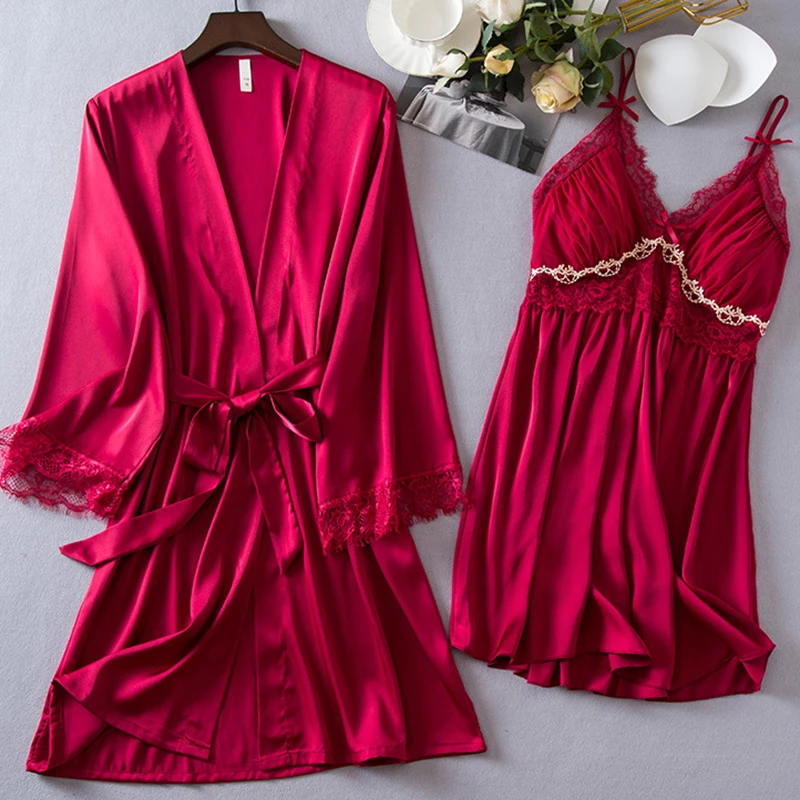 

Женский халат-кимоно, комплект из 2 предметов, пикантная кружевная Свадебная ночная рубашка, летняя свободная атласная домашняя одежда