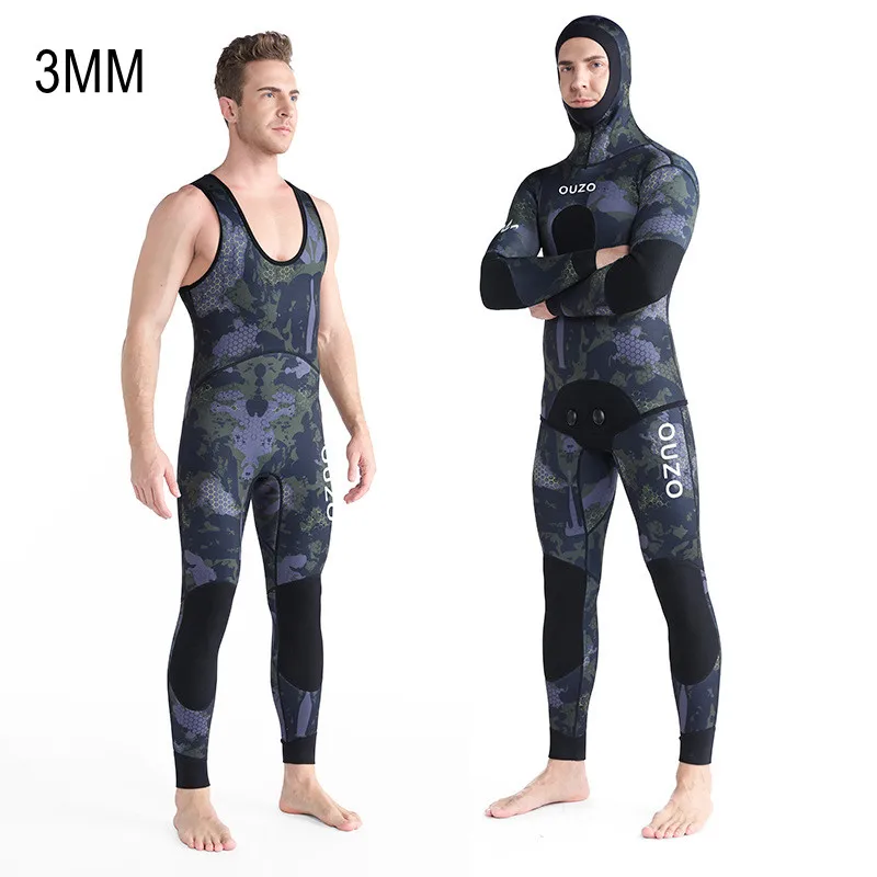 3MM Neoprene Camouflage Long Sleeve Fission Hooded 2 Pieces WetSuit For Men Keep Warm Waterproof Spearfishing Hunting DivingSuit