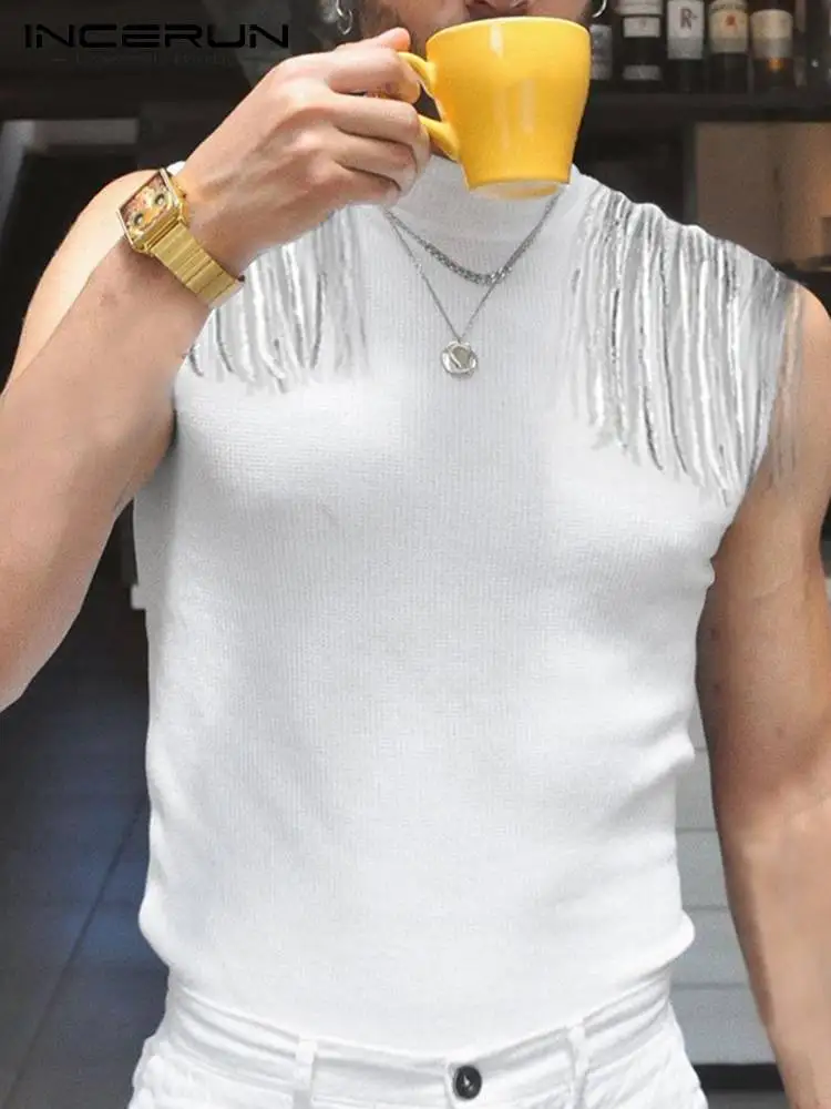 

INCERUN Men Tank Tops Tassel Solid Color Turtleneck Sleeveless Summer Casual Vests 2022 Fashion Streetwear Skinny Men Clothing