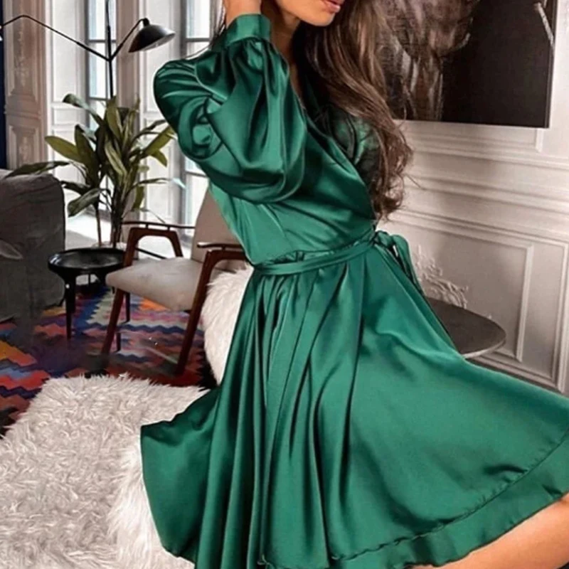 

Lantern Sleeve A-Line New Women Sexy V-Neck Slip Dress Satin Elegant Night Club Party Dress Women's Clothing Streetwear Vestidos