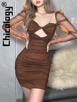 chicology 2022 women strap mesh hollow out long sleeve ruched bodycon mini dress sexy party club elegant festival prom outfit