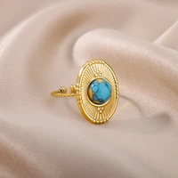 green stone rings for women stainelss steel open adjustable gold color oval geometric finger ring jewelry wedding gift