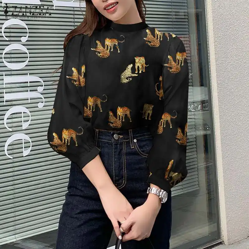 

Casual 2022 Spring Autumn Puff Sleeve Loose Tops Tunic ZANZEA Women Stylish Printed Blouse Shirts Stand Collar Oversized Blusas