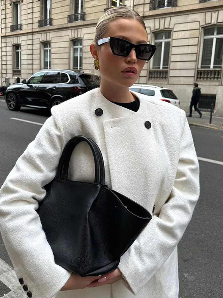 Модное однотонное двубортное шерстяное пальто с круглым вырезом женское