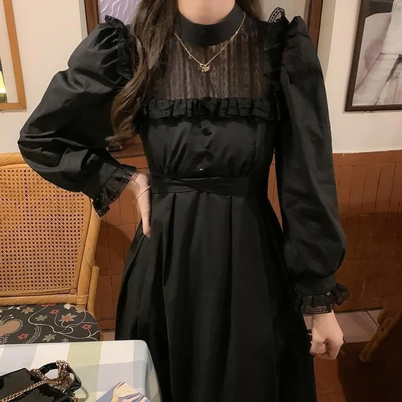 

QWEEK Gothic Black Lace Dress Women Casual Elegant Party Midi Ruffle Long Sleeve Dress Emo Y2k Goth Clothes 2022 Spring Robes