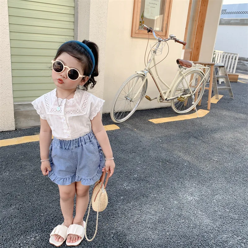 

2022 Summer New Korean Children's Hollow Vest Shirt Girls Baby Lace Collar Doll Top