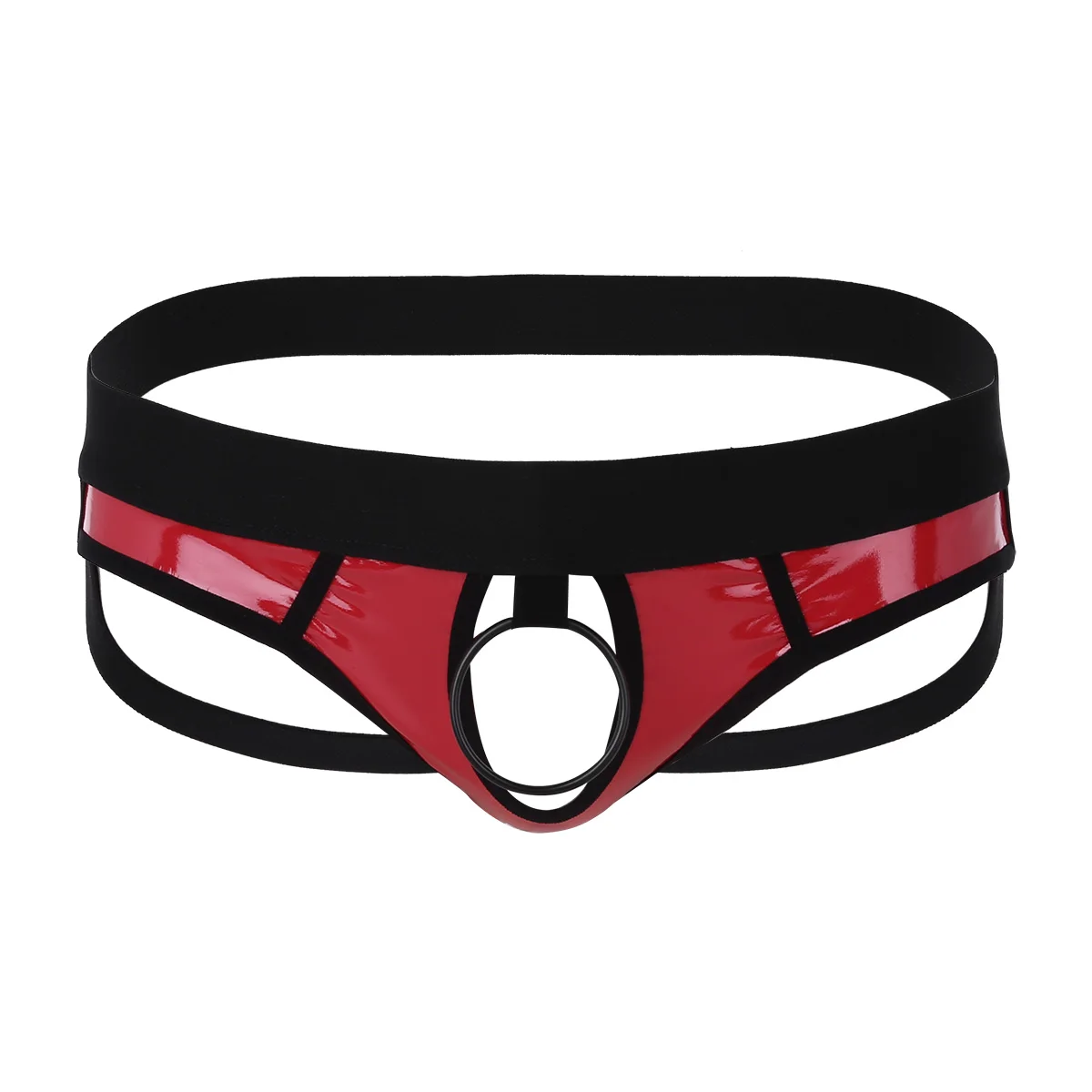 

Mens X-Shape Back Elastic Shoulder Chest Muscle Harness Belt Strap with Hollow Out Metal O-Ring Patent Leather G-string