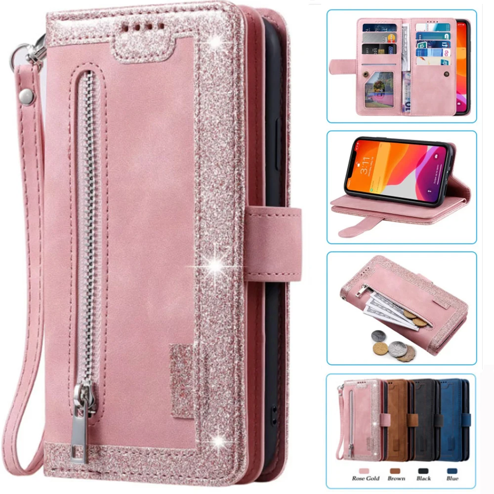 

For Xiaomi Redmi A1 Case Card Slot Zipper Flip Folio with Wrist Strap For Xiaomi Redmi A1 Cover 9 Cards Wallet Case