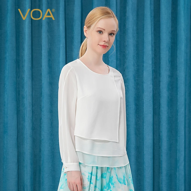 

VOA Heavyweight Silk 30m/m White Round Neck Long Sleeve Front Three-layer Asymmetric Straight T-shirt BE279 Fashion Women Tops