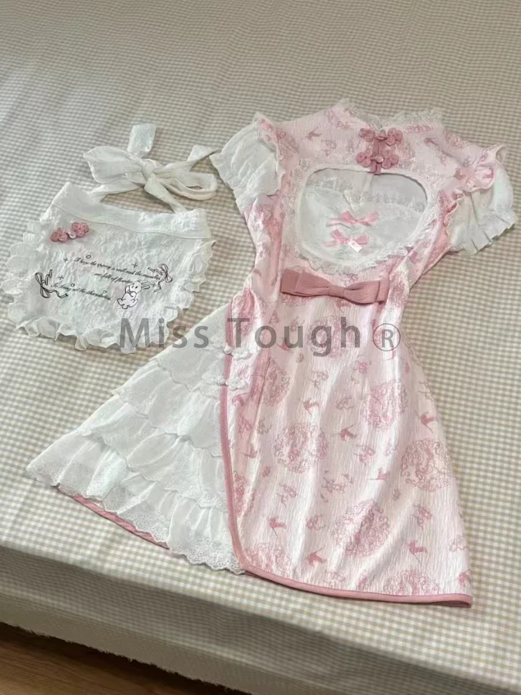 Модное милое платье с коротким рукавом и принтом женское винтажное кружевное