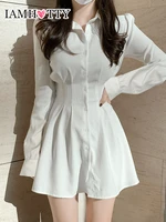 iamhotty single breasted shirt dress white back bandage a line blouse dresses korean style fashion sweet outfit chic slim robe