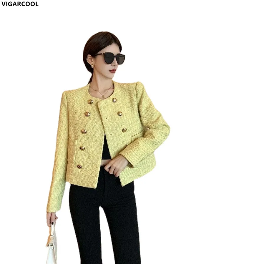 2022 Autumn New Temperament tweed Jacket women Fashion yellow small fragrance woven double-breasted short high-end Jacket Women