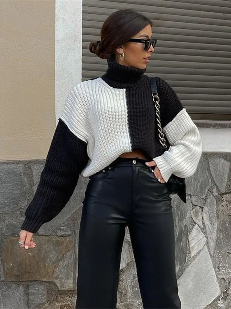 

Black White Patchwork Sweater Women Long Sleeve Warm Turtleneck Fashion Spring Autumn New Ladies Long Sleeve Pullover Tops