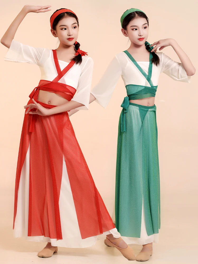 Детская марлевая Китайская классическая танцевальная одежда, традиционная танцевальная одежда ханьфу, одежда для народного танца, одежда для сцены