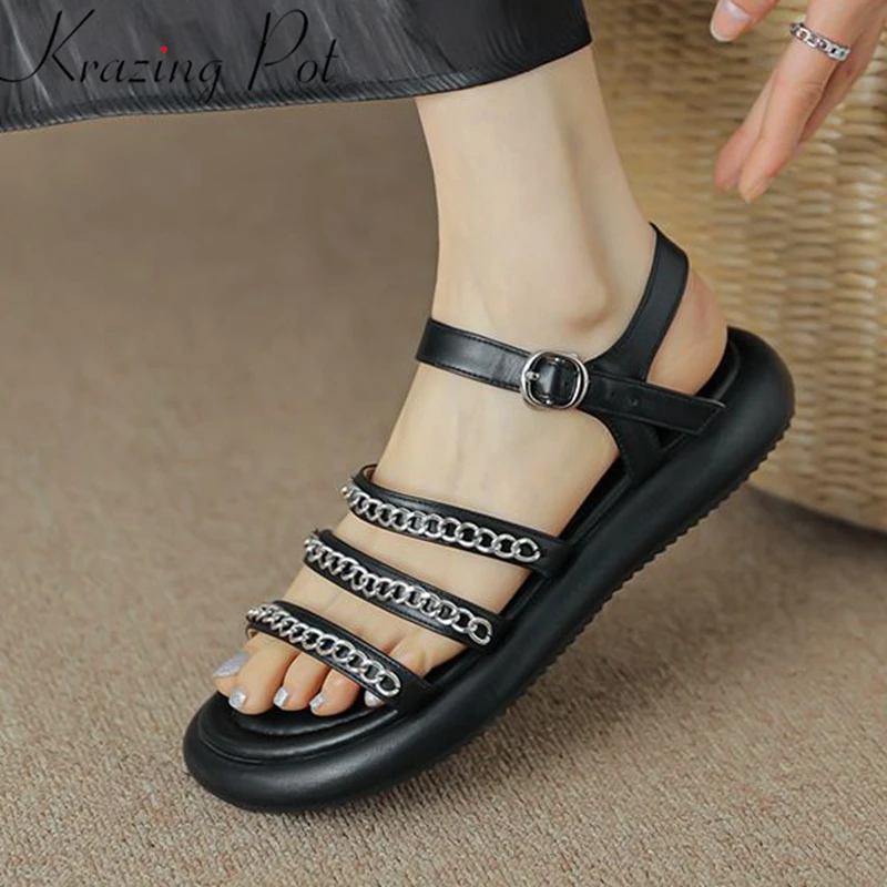 

Krazing Pot 2022 Sheep Leather Thick Bottom Low Heels Silver Color Metal Chains Peep Toe Fashion Platform Casual Sweet Sandals