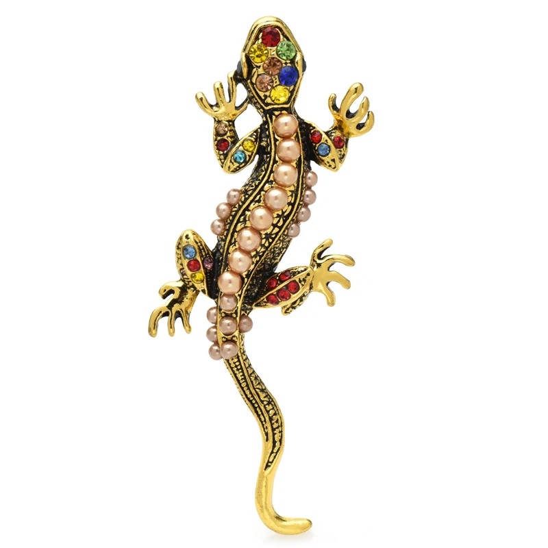 

Wuli&baby Walking Gecko Brooches Women Vintage 2-color Pearl Rhinestone Lizard Animal Party Casual Brooch Pins