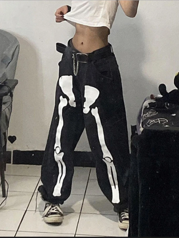 

Джинсы женские в стиле ретро, брюки-карго из денима с принтом скелета, стиль гранж, уличная одежда с завышенной талией, винтажные