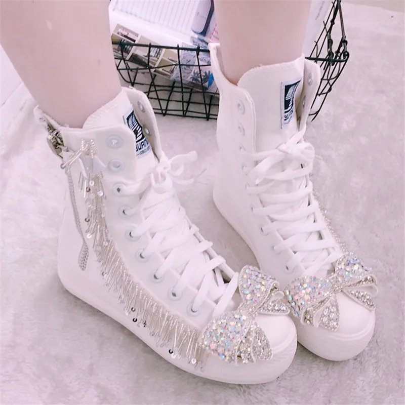 

Hand-beaded tassel bow sweet high-top flat shoes thick bottom zipper canvas shoes banquet street shooting 35-40