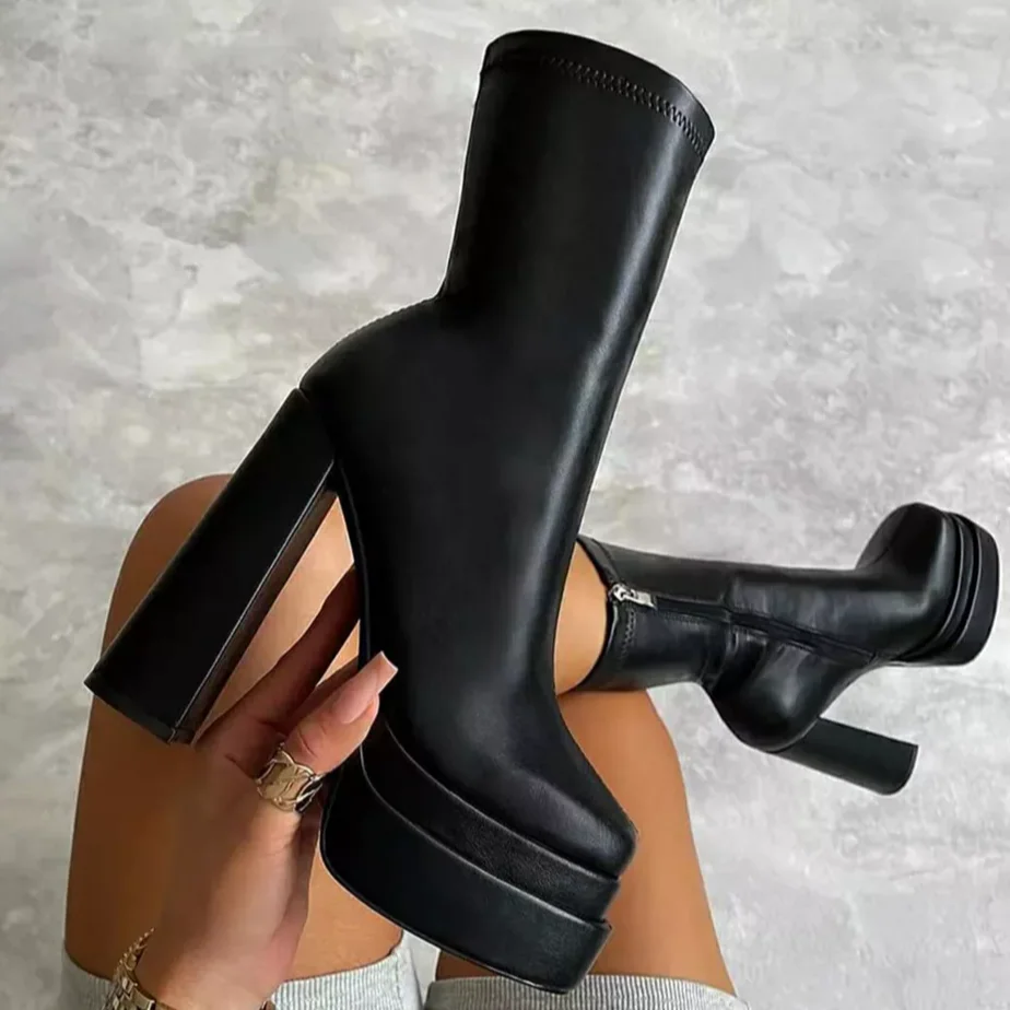 

2022 Sexy Chunky High Heels Ankle Shoes For Women Punk Style Zipper Thick Platform Elasticity Microfiber Boots Sapatos Femininos