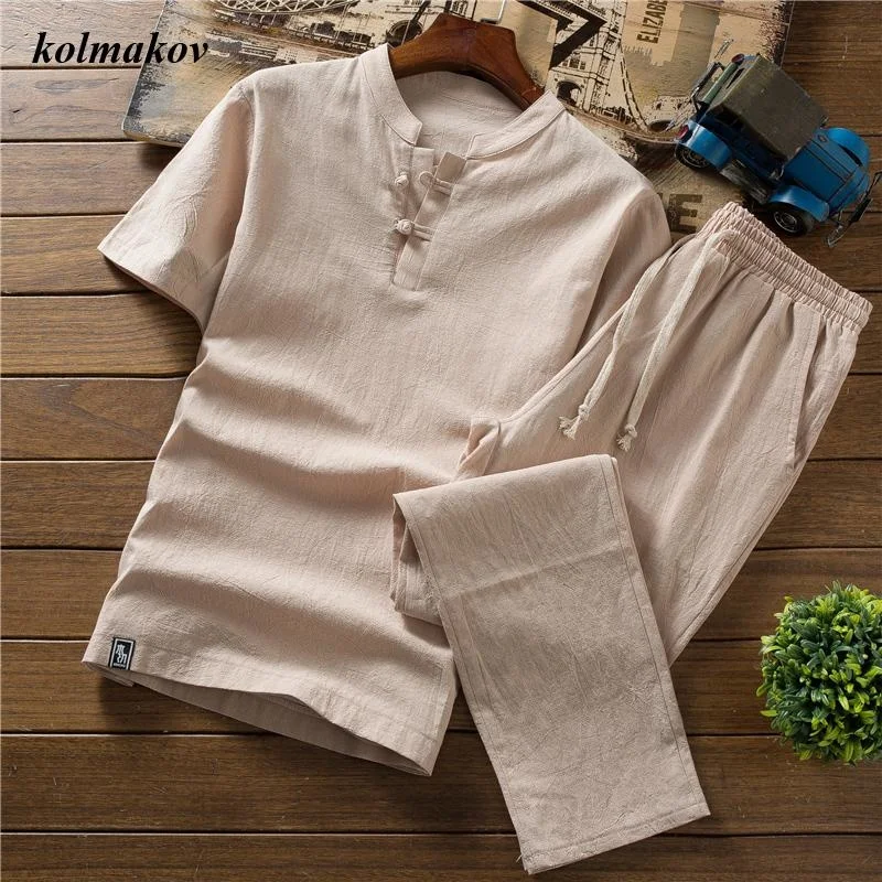 Men's Tracksuits (Shirt + Trousers) Arrival Summer Style Men Cotton And Linen Shirts High Quality Fashion Casual Solid Cropped