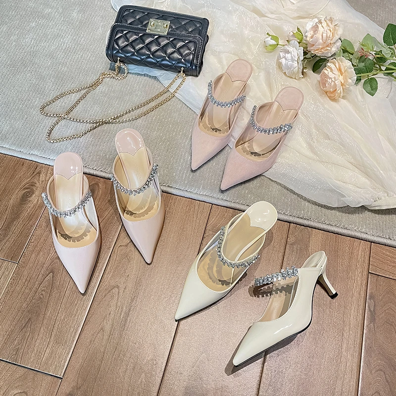 

Thin Heels Shoes Ladies' Slippers Heeled Mules Pointed Toe Glitter Slides Med High Jelly Soft Cover PU Rubber Sexy Crystal