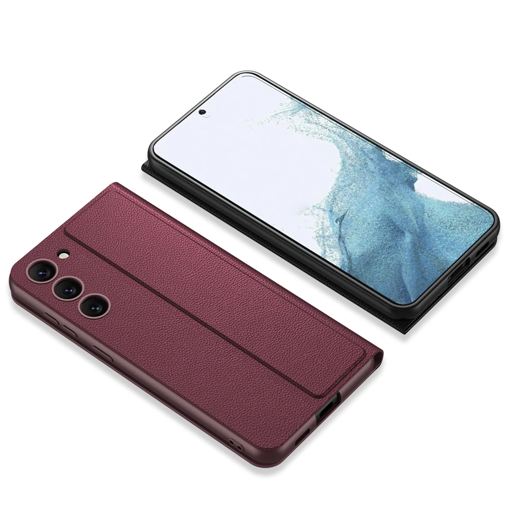 Luxury Leather Kickstand Phone Case For Samsung Galaxy S23 Ultra S23 Plus S23 Holder Support Wireless Charging Shockproof Funda