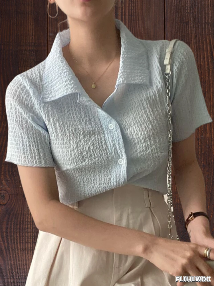 

Блузка женская с коротким рукавом, милая однотонная белая рубашка в корейском и японском стиле преппи для офиса и девушек, на пуговицах, голубая, лето 2023