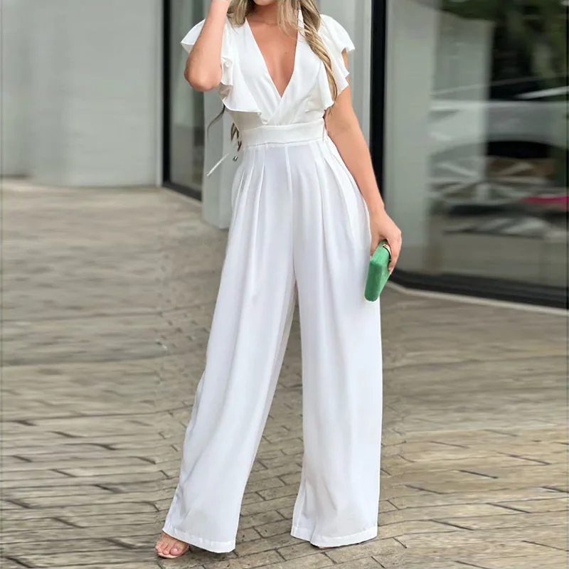 

New Office Lady Jumpsuit 2023 Elegant Solid Waist Skinny Long Jumpsuit Women's Fashion Solid Deep V Neck Fly Sleeve Jumpsuit