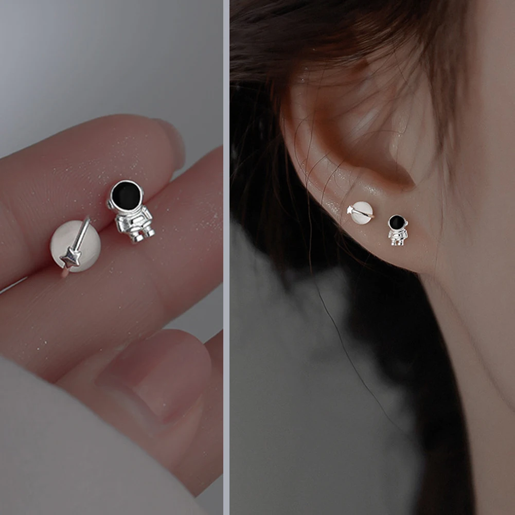 

New Silver Plated Female Earrings Asymmetric Cute Space Astronaut Planet Opal Stud Earrings For Women Ear Piercing Jewelry