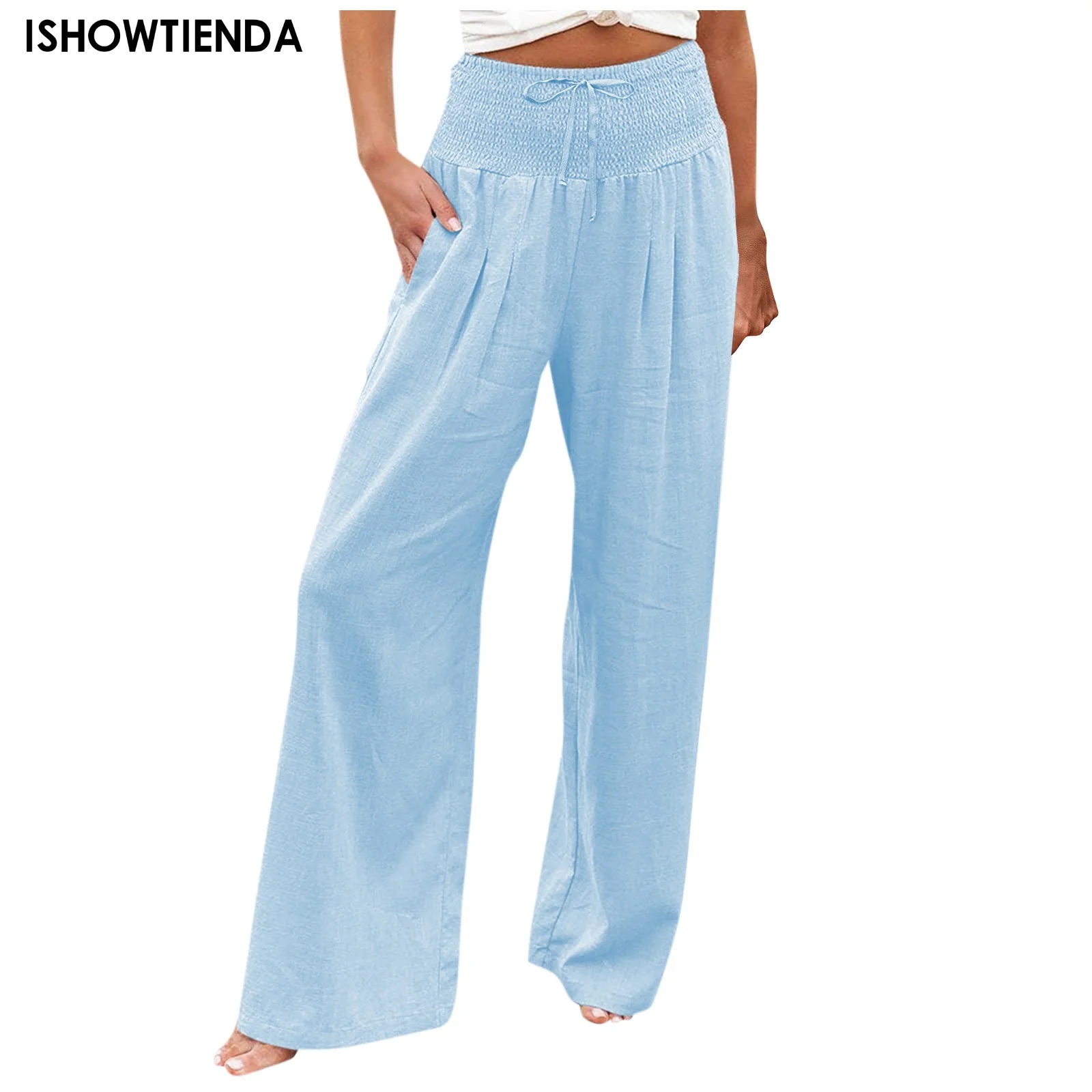 

Женские свободные повседневные брюки, плиссированные прямые широкие брюки с высокой талией, однотонные модные летние брюки с карманами и ш...