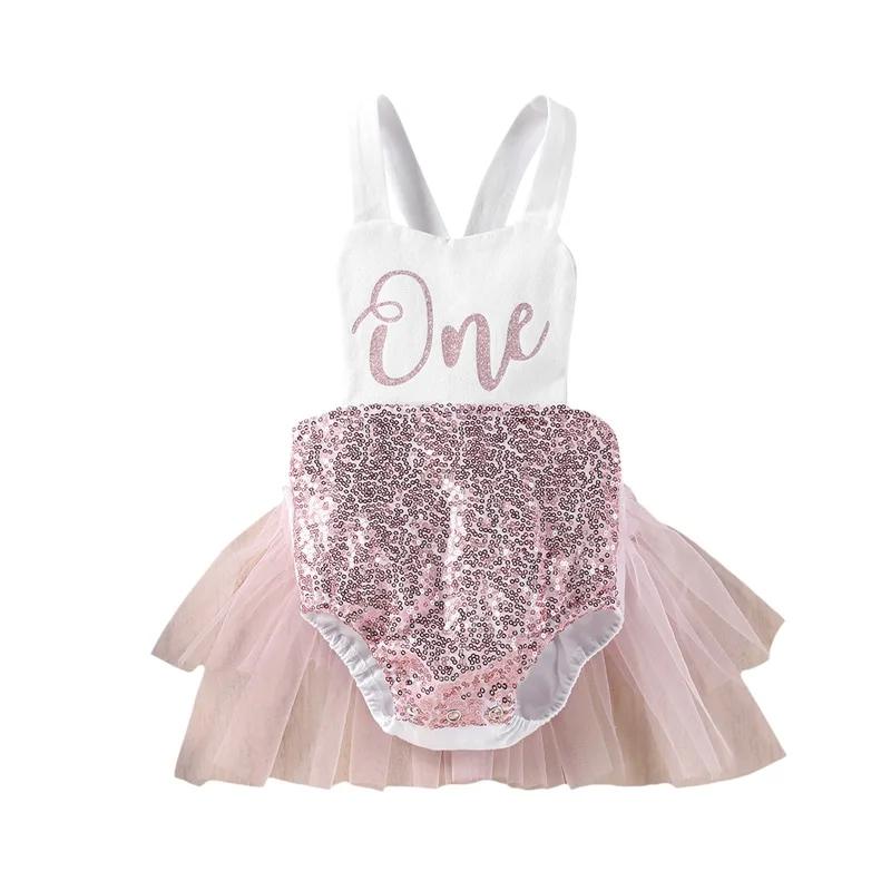 

Baby Girl Romper Letter Print Shiny Sequin Design Paneled Mesh Sleeveless Sling Jumpsuit