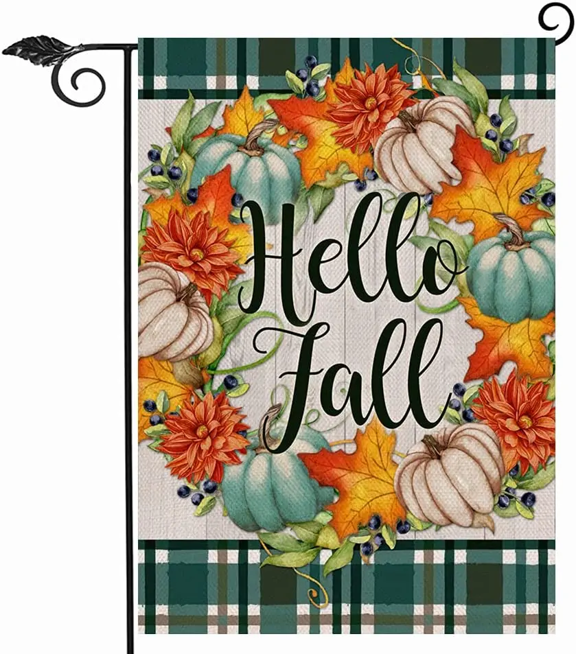 

Hello Fall Home Decorative Garden Flag Pumpkins Maple Leaves Wreath Welcome Autumn House Yard Blue Buffalo Plaid Decor Farmhouse