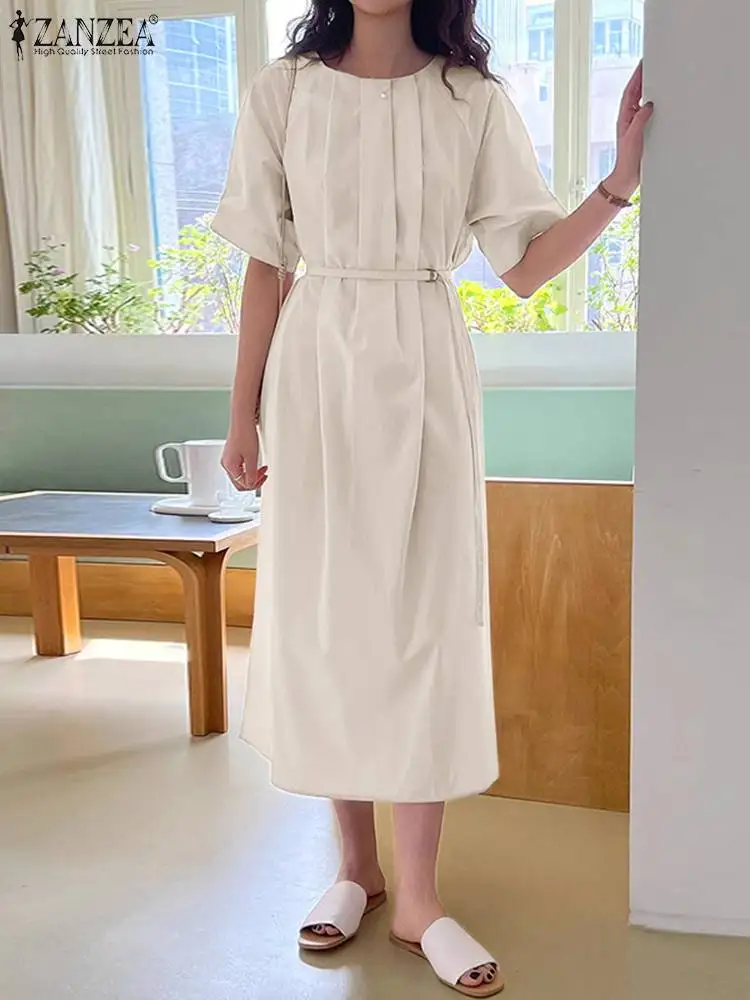 

Модель 2023 года, модное летнее элегантное однотонное платье-миди ZANZEA с круглым вырезом и рукавом до локтя, повседневный офисный сарафан, женское платье, кафтан, женский халат