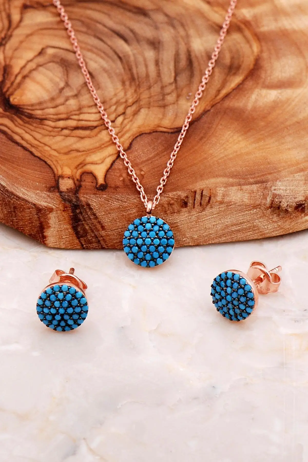 

Natural Turquoise Stone Rose Gold 925 Silver Set Necklace Earrings Elegant Diamond Fashion Jewelry Pendants 2021 Birthday Gift