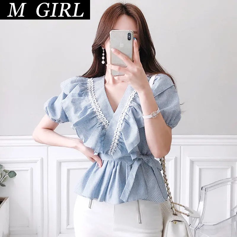 

M GIRLS new arrival women v-neck ruffles shirt temperament elegant casual sexy office lady fresh simple chiffon solid wild tops