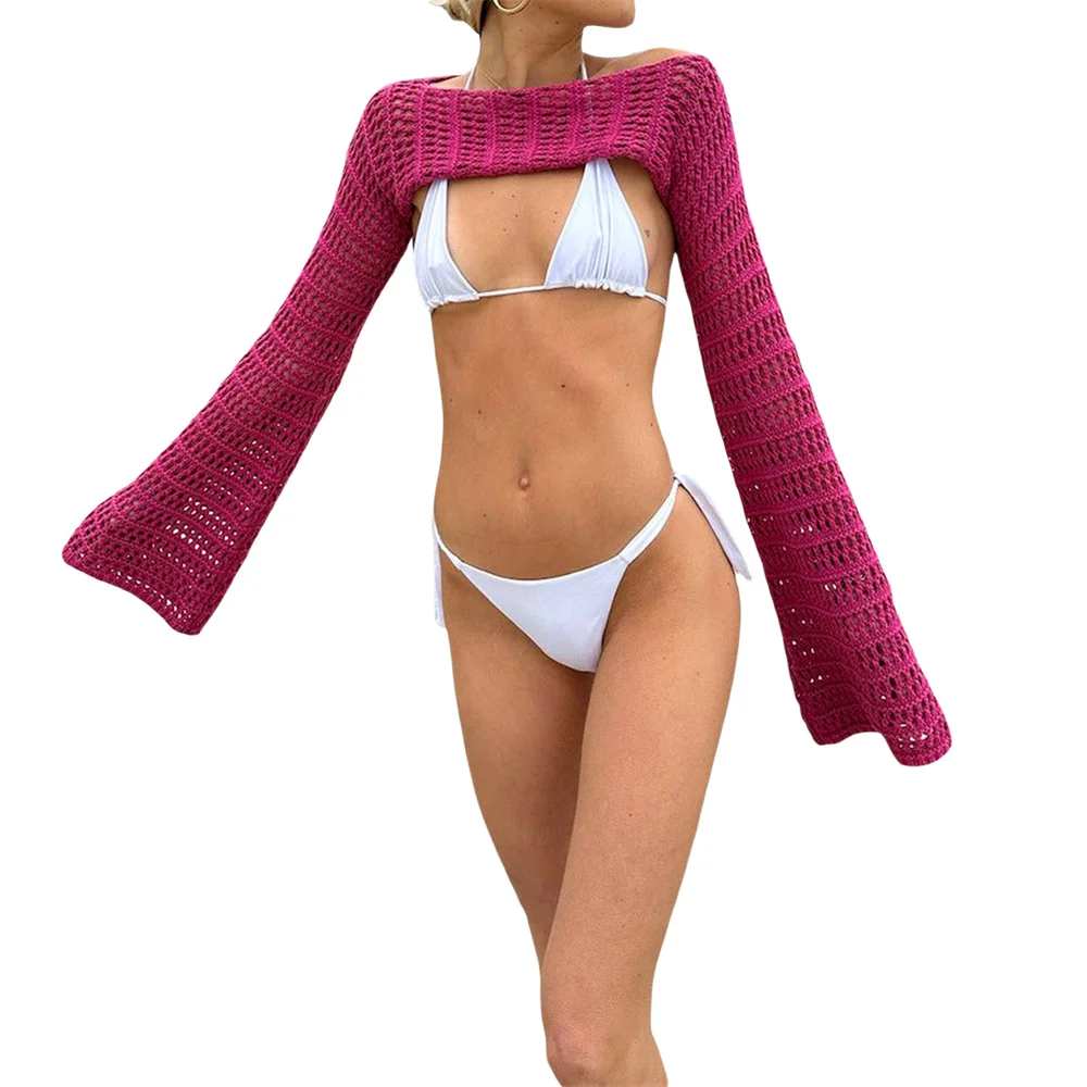 

Summer Women Crochet Knit Shirts Hollow-Out Long Sleeve Cropped Beach See-Through Tops