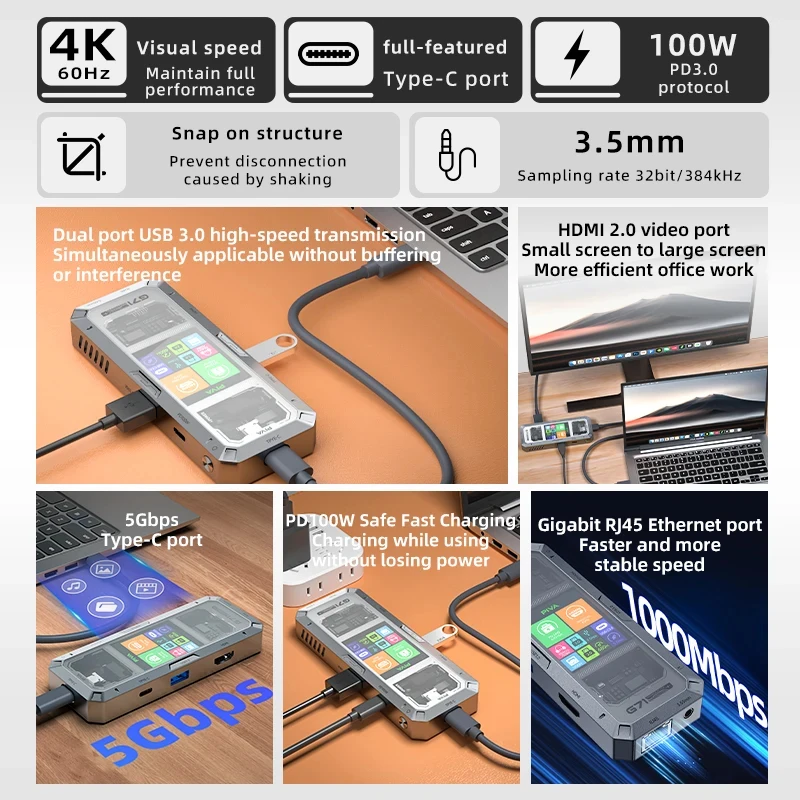 Фото Многофункциональная док-станция PIVA G71 7-в-1 для киберспорта: USB-C хаб, адаптер с HDMI 4K 60Гц, USB 3.0, 3.5 мм AUX, 7 портов, сплиттер №3