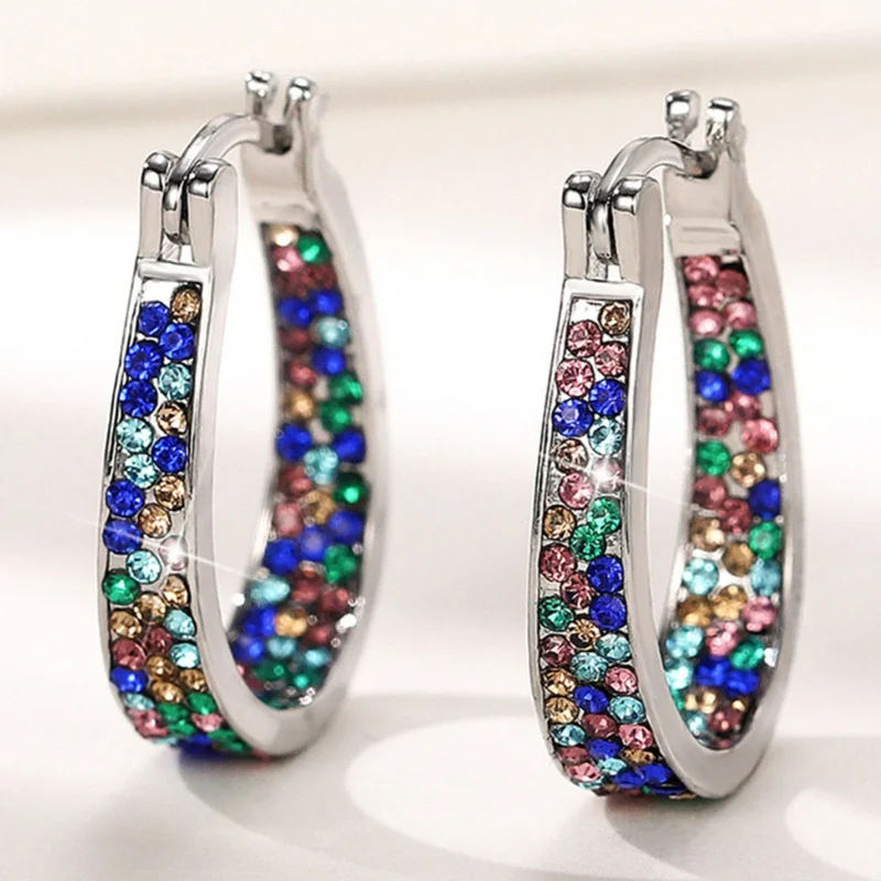 

Luxury Inlaid Colored Zircon Hoop Earrings for Women Exquisite Fashion Silver Color Party Engagement Wedding Earrings