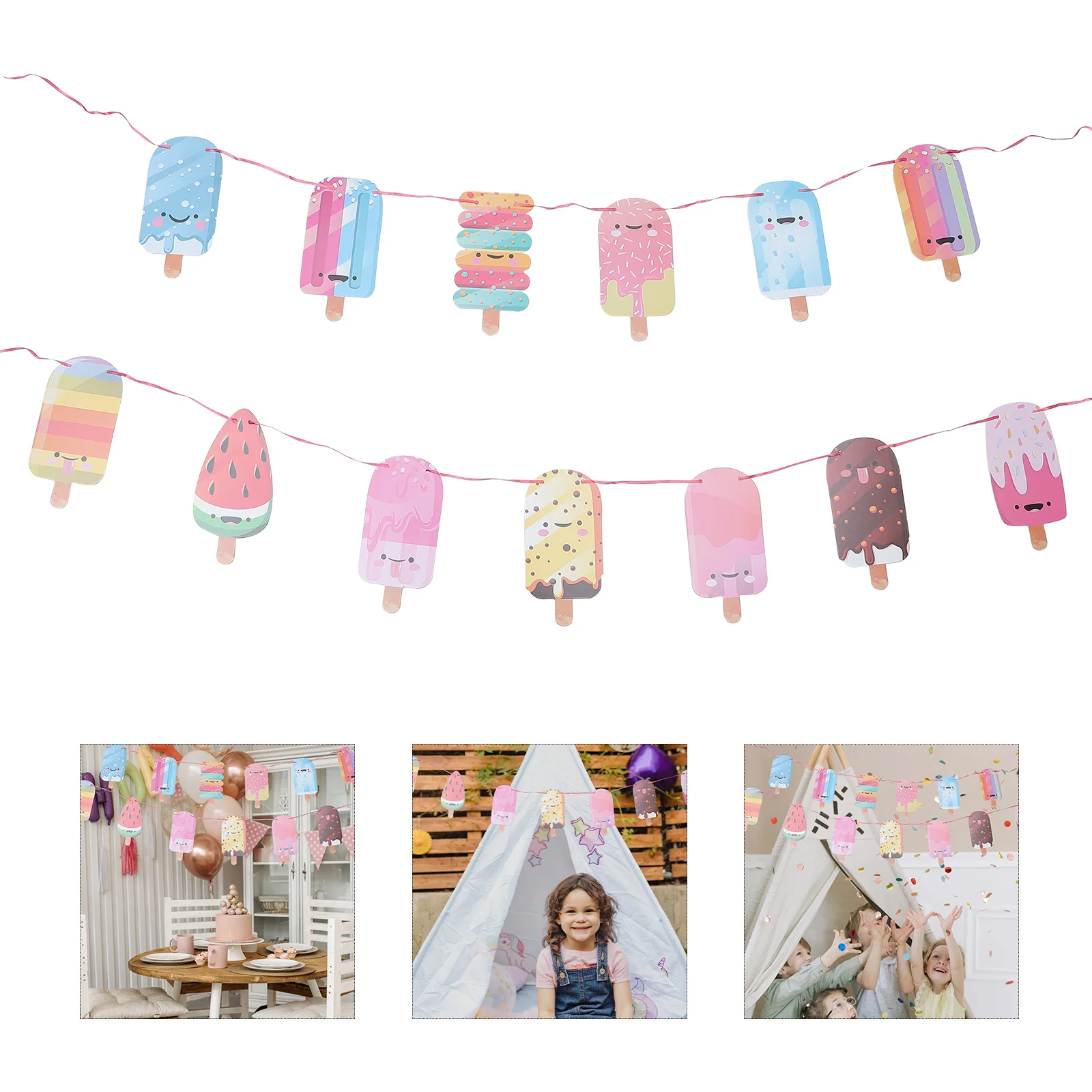 

Ice Cream Banner Party Garland Popsicle Birthday Bunting Streamer Decorations Bar Summer Decor Signs Flag Theme Favors Colorful